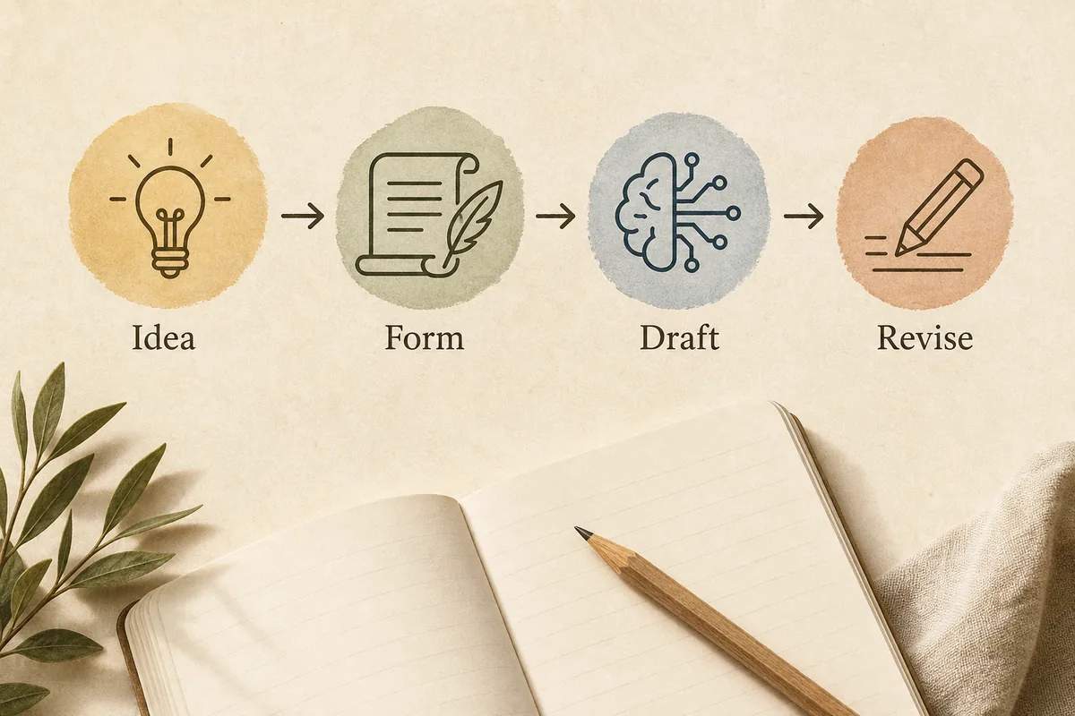 Four-step workflow for creating a poem with AI: idea, form, draft, revise
