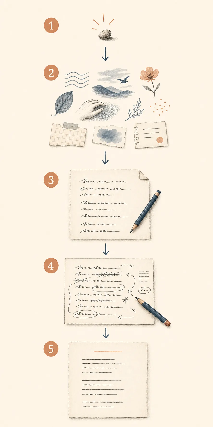 Five-stage editorial flow from a concrete object to notes, draft, revision, and finished poem