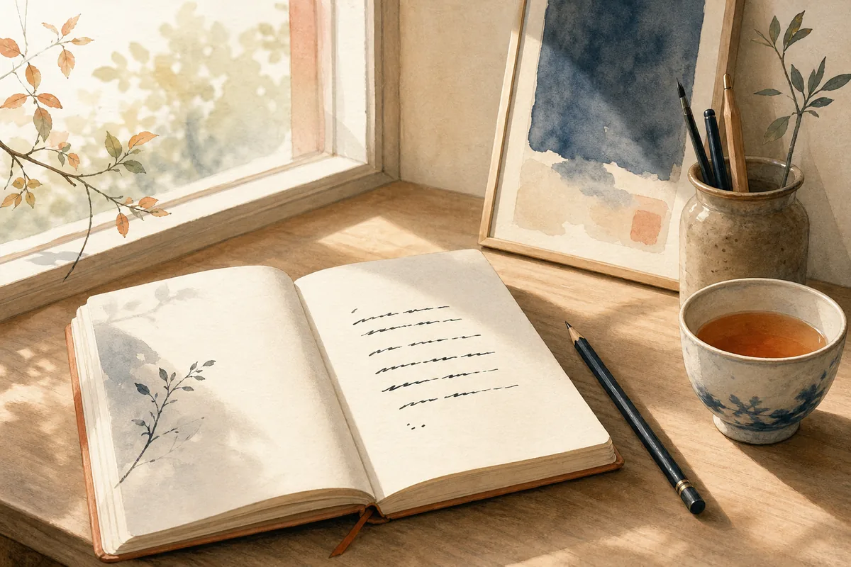 Open notebook, pencil, and warm window light representing the first draft of a poem