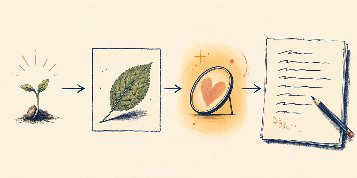 Editorial flow from a poem topic seed to image, emotion, and draft lines
