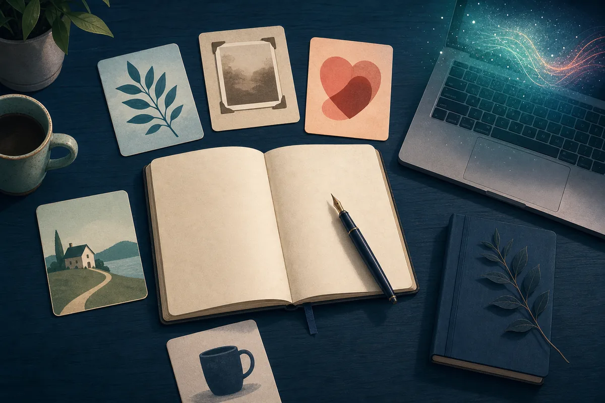Open notebook surrounded by visual poem idea cards and a laptop